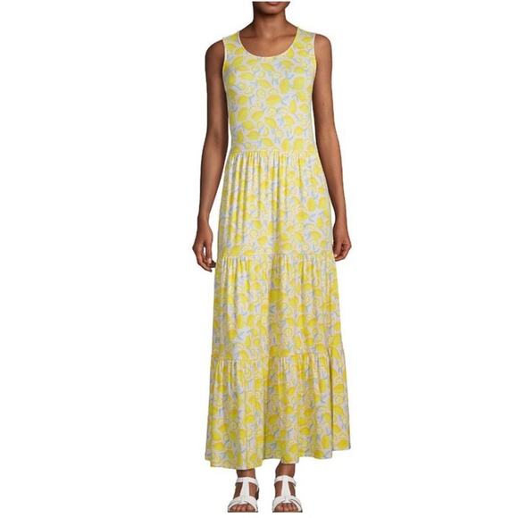 Lands' End Sleeveless Tiered Maxi Dress Small Tank Bright Yellow Lemon Print - Picture 1 of 8